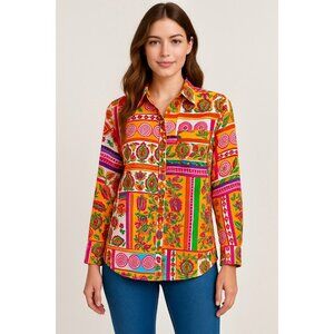 Sigrid Olsen Womens M Multicolor Boho Patchwork Print Button-Up Long-Sleeve Shir